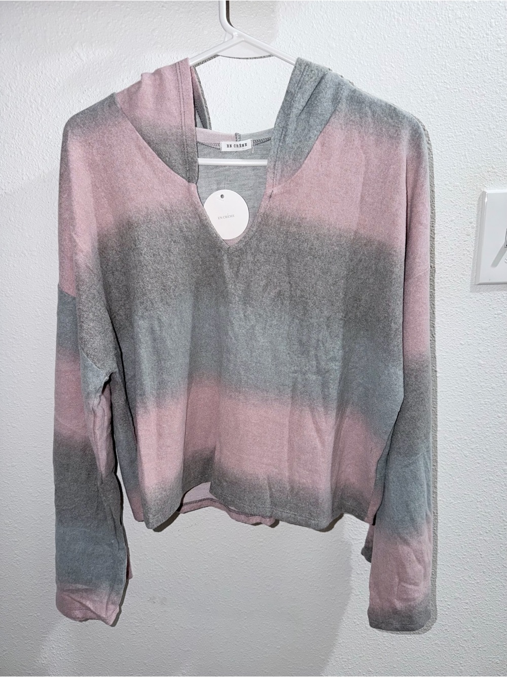 En Creme Pink & Gray Striped Hooded V-Neck Pullover NWT - Picture 4 of 8